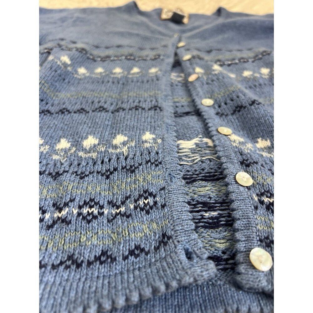 Heirloom Collectibles Vintage Small Fair Isle Blue Cotton Cardigan Sweater - Picture 5 of 8